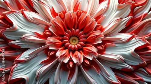 Close up of a vibrant red and white striped dahlia flower in full bloom