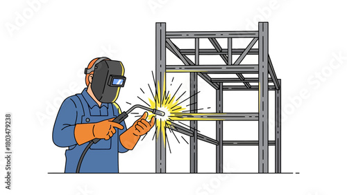 Welder in protective gear welds metal framework