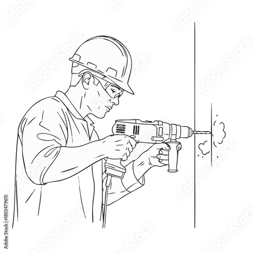 A construction worker uses a power drill to bore a hole into a wall, demonstrating construction and home improvement techniques.