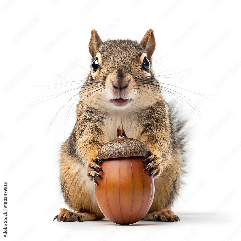 Obraz premium Cute squirrel holding a large acorn isolated on white background