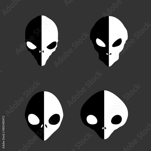 Alien head icon. Or an unknown creature. Black and white aliens, a symbol of fantasy, UFO, or mysticism. Humanoid head, extraterrestrial civilization.