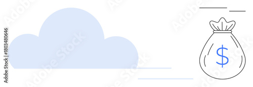Blue cloud beside a money bag with a dollar sign, signifying cloud storage savings, financial planning. Ideal for technology, finance, cloud computing, security, budgeting, cost management simple