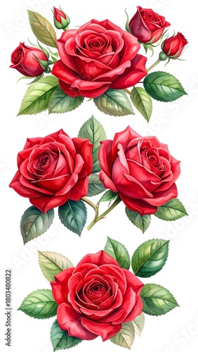 Watercolor illustration of vibrant red roses, perfect for design