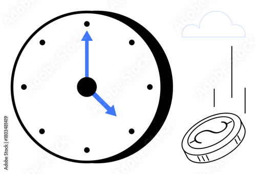 Wall clock with blue arrows indicating time, coin dropping downward, and light cloud element. Ideal for time management, savings, economy, decision, scheduling business punctuality. A simple flat