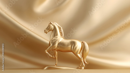 2026 New Year, Golden horse figurine against a luxury satin background for elegant 2026 New Year visuals