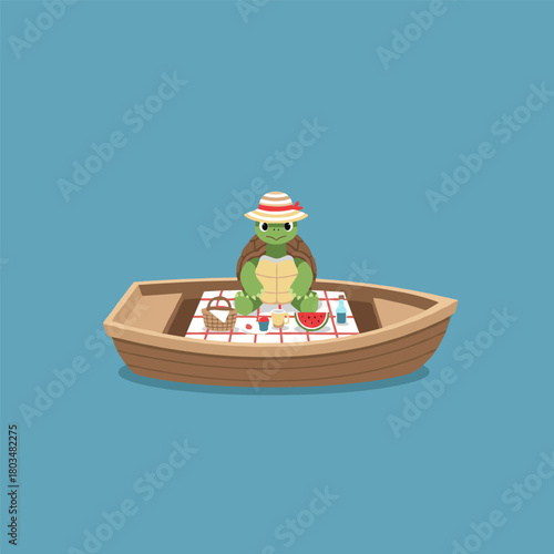 Cute cartoon turtle in a boat enjoying a picnic with watermelon on a blue background.