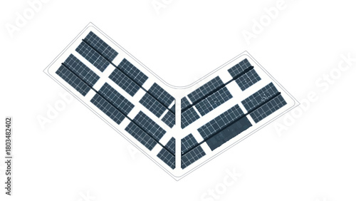 Topdown view of a solar panel array in an Lshape