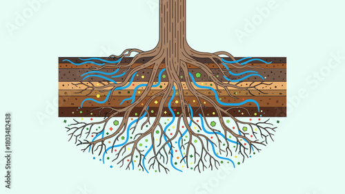 Tree roots absorbing water and nutrients from soil layers