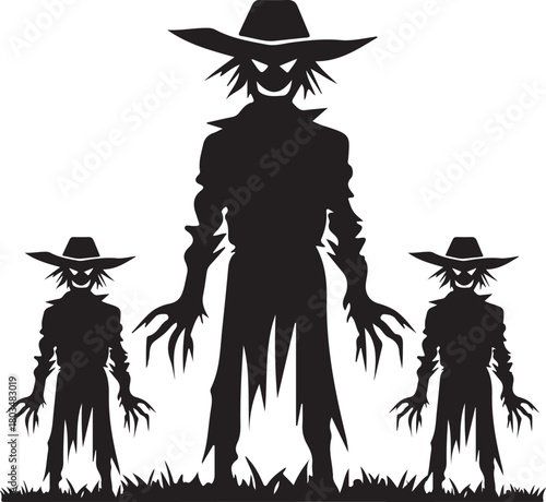 Print Scary scarecrow silhouette with hat isolated on illustration