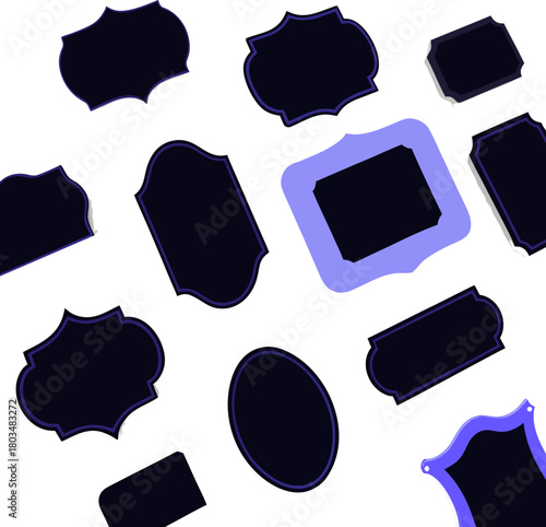 A collection of twelve different blue labels and tags are arranged on a light blue background. The labels feature various shapes and designs. Starting from the top left, there is a starburst-shaped la