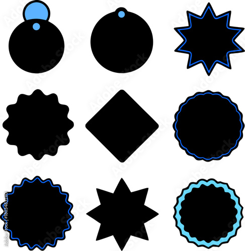 A collection of twelve different blue labels and tags are arranged on a light blue background. The labels feature various shapes and designs. Starting from the top left, there is a starburst-shaped la