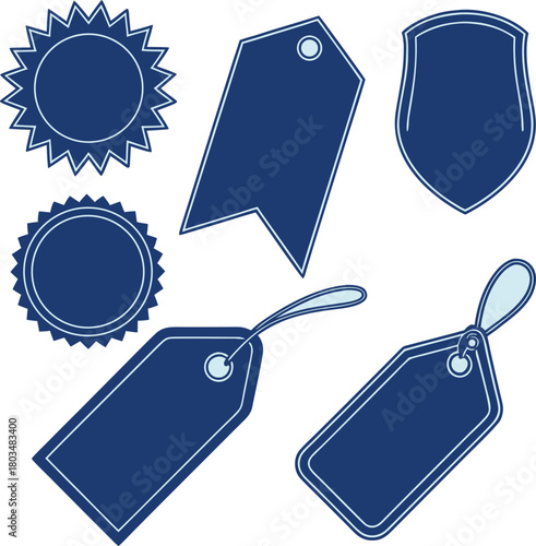 A collection of twelve different blue labels and tags are arranged on a light blue background. The labels feature various shapes and designs. Starting from the top left, there is a starburst-shaped la