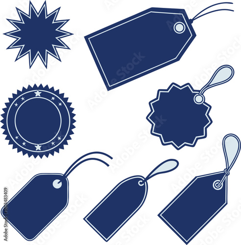 A collection of twelve different blue labels and tags are arranged on a light blue background. The labels feature various shapes and designs. Starting from the top left, there is a starburst-shaped la