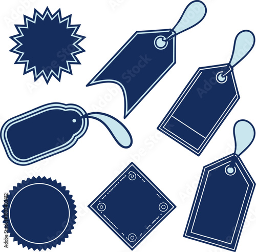 A collection of twelve different blue labels and tags are arranged on a light blue background. The labels feature various shapes and designs. Starting from the top left, there is a starburst-shaped la