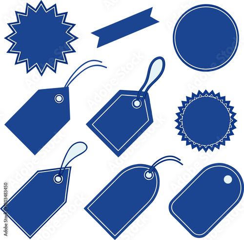 A collection of twelve different blue labels and tags are arranged on a light blue background. The labels feature various shapes and designs. Starting from the top left, there is a starburst-shaped la
