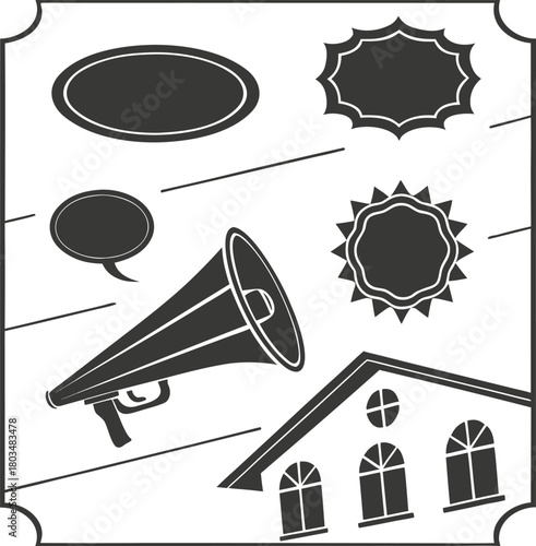 A collection of twelve different blue labels and tags are arranged on a light blue background. The labels feature various shapes and designs. Starting from the top left, there is a starburst-shaped la