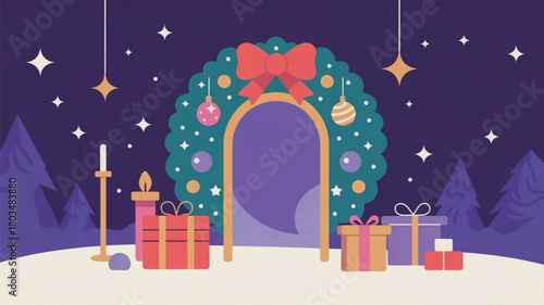Christmas Scene With Gifts Candle And Wreath Arch holiday