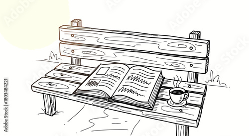 This serene hand-drawn illustration captures an open book and a steaming coffee cup resting on a rustic wooden park bench, symbolizing peaceful outdoor leisure.