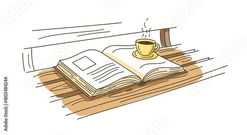 A charming hand-drawn illustration depicts a cozy scene, featuring an open book and a steaming cup of coffee on a wooden surface, perfect for quiet reflection.