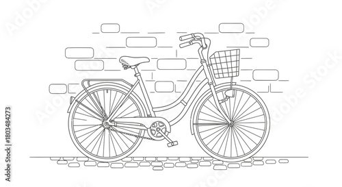 A charming vintage-style bicycle with a front basket is parked peacefully on a cobblestone street against a textured brick wall, rendered in elegant line art.