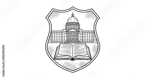 A detailed vintage-style illustration of a domed government building and an open book, framed within a shield, symbolizing law, education, and governance.