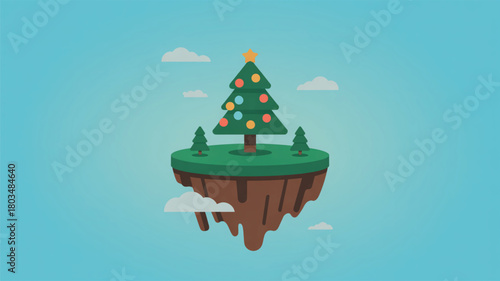 Floating Island with Christmas Tree and Clouds decorated