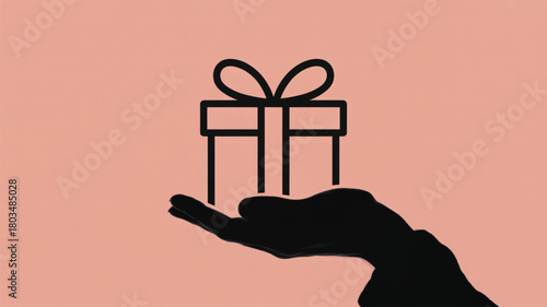 Outline of Hand Holding Gift Box on Pink Background