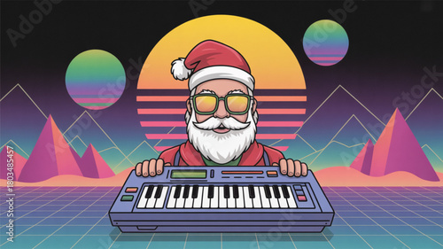 Retro Santa Claus with Synthesizer synthwave music