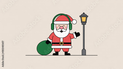 Santa Claus with gift bag and street lamp christmas