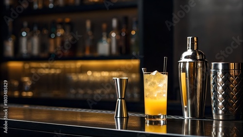 A Refreshing Orange Cocktail With Ice Garnished With Mint Next To A Cocktail Shaker And Jigger On A Bar Top