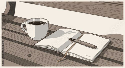A peaceful illustration of an open journal, a classic fountain pen, and a steaming coffee cup on a sunlit wooden bench, evoking quiet moments of reflection.