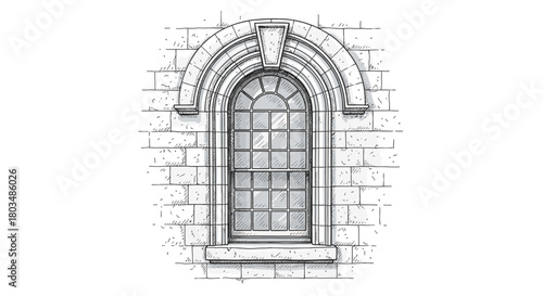 An intricately detailed black and white illustration showcases a classic arched sash window, elegantly framed within a textured brick wall, highlighting traditional architectural design elements.