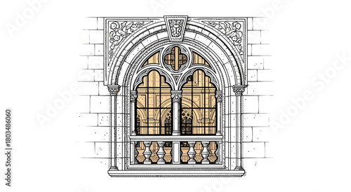 A meticulously rendered architectural illustration of a classic Gothic arched window, showcasing ornate stone carvings, a decorative balcony, and elegant glass.