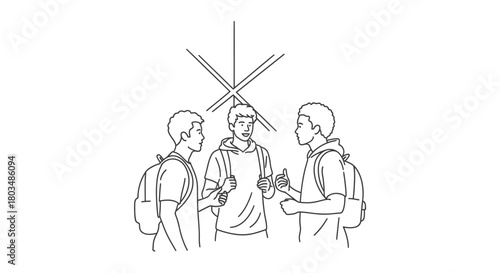 Three young male students with backpacks are engaged in an intense discussion, possibly facing a complex problem or disagreement, depicted with abstract lines overhead.