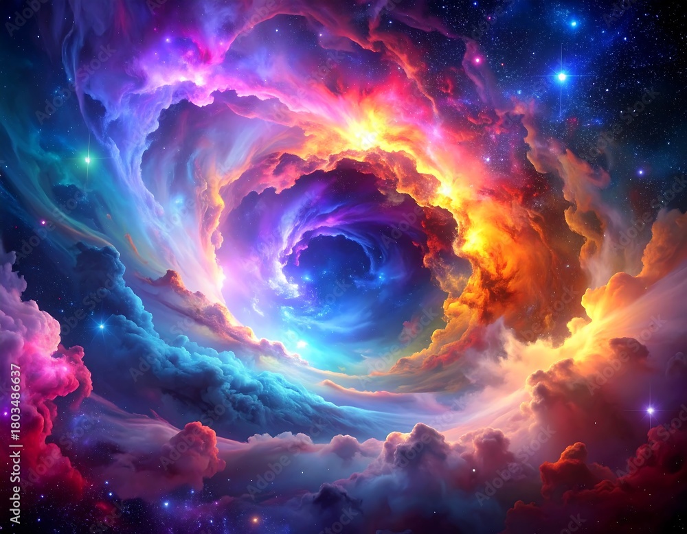 Obraz premium A vibrant cosmic artwork depicting swirling nebulas with stunning colors and bright stars scattered across the vast canvas
