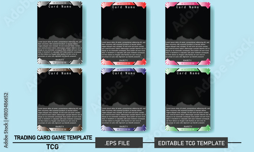 Customizable TCG card templates featuring metallic frames, gradient corners, rarity sections, and clean text areas. Perfect for fantasy card designs, digital card games, and EPS vector projects.