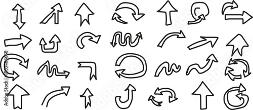 Hand drawn arrow set pointing in various directions, doodle vector illustration