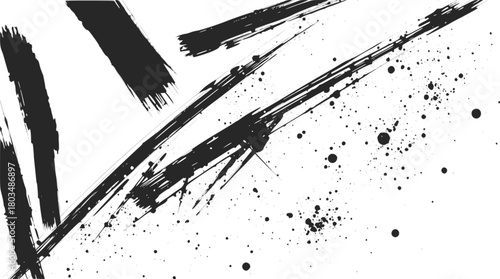 Abstract black ink brush strokes and splatters on