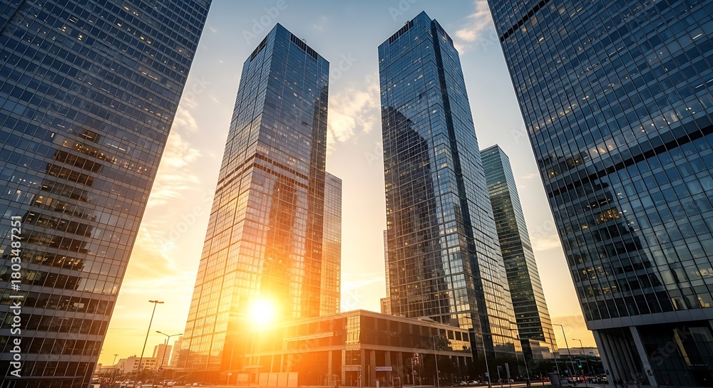 Naklejka premium Modern Skyscrapers Illuminated by Golden Sunset Rays Amidst Urban Landscape