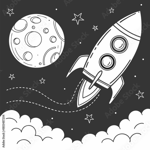 A black and white line drawing of a whimsical space scene. A cartoonish rocket ship is prominently positioned on the right side of the frame, ascending. The rocket has a pointed nose, two circular win
