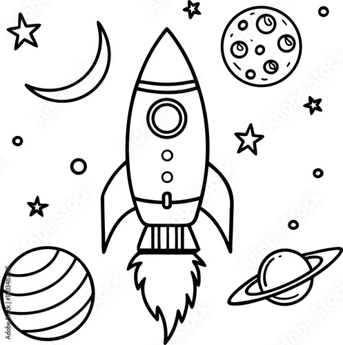 A black and white line drawing of a whimsical space scene. A cartoonish rocket ship is prominently positioned on the right side of the frame, ascending. The rocket has a pointed nose, two circular win