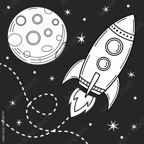 A black and white line drawing of a whimsical space scene. A cartoonish rocket ship is prominently positioned on the right side of the frame, ascending. The rocket has a pointed nose, two circular win