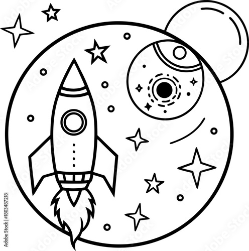 A black and white line drawing of a whimsical space scene. A cartoonish rocket ship is prominently positioned on the right side of the frame, ascending. The rocket has a pointed nose, two circular win