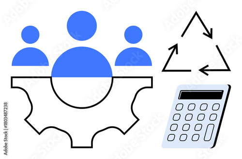 People figures on a gear symbolizing teamwork, recycling arrows for sustainability concept, calculator for calculation and efficiency. Ideal for teamwork, sustainability, process optimization