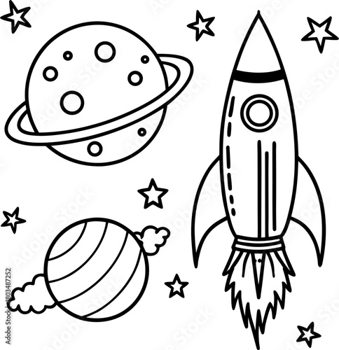 A black and white line drawing of a whimsical space scene. A cartoonish rocket ship is prominently positioned on the right side of the frame, ascending. The rocket has a pointed nose, two circular win