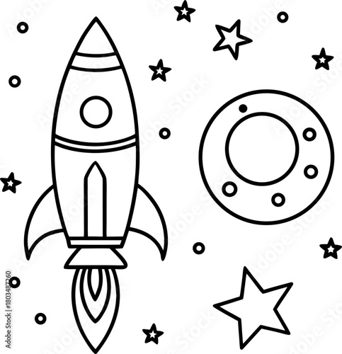 A black and white line drawing of a whimsical space scene. A cartoonish rocket ship is prominently positioned on the right side of the frame, ascending. The rocket has a pointed nose, two circular win