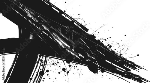 Abstract black ink brush stroke and splatter isolated on