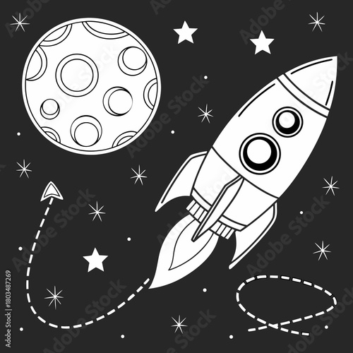 A black and white line drawing of a whimsical space scene. A cartoonish rocket ship is prominently positioned on the right side of the frame, ascending. The rocket has a pointed nose, two circular win