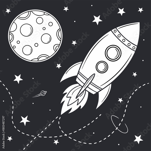 A black and white line drawing of a whimsical space scene. A cartoonish rocket ship is prominently positioned on the right side of the frame, ascending. The rocket has a pointed nose, two circular win