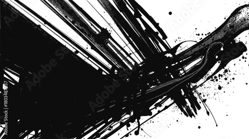 Dynamic black ink brush strokes and splatters isolated on